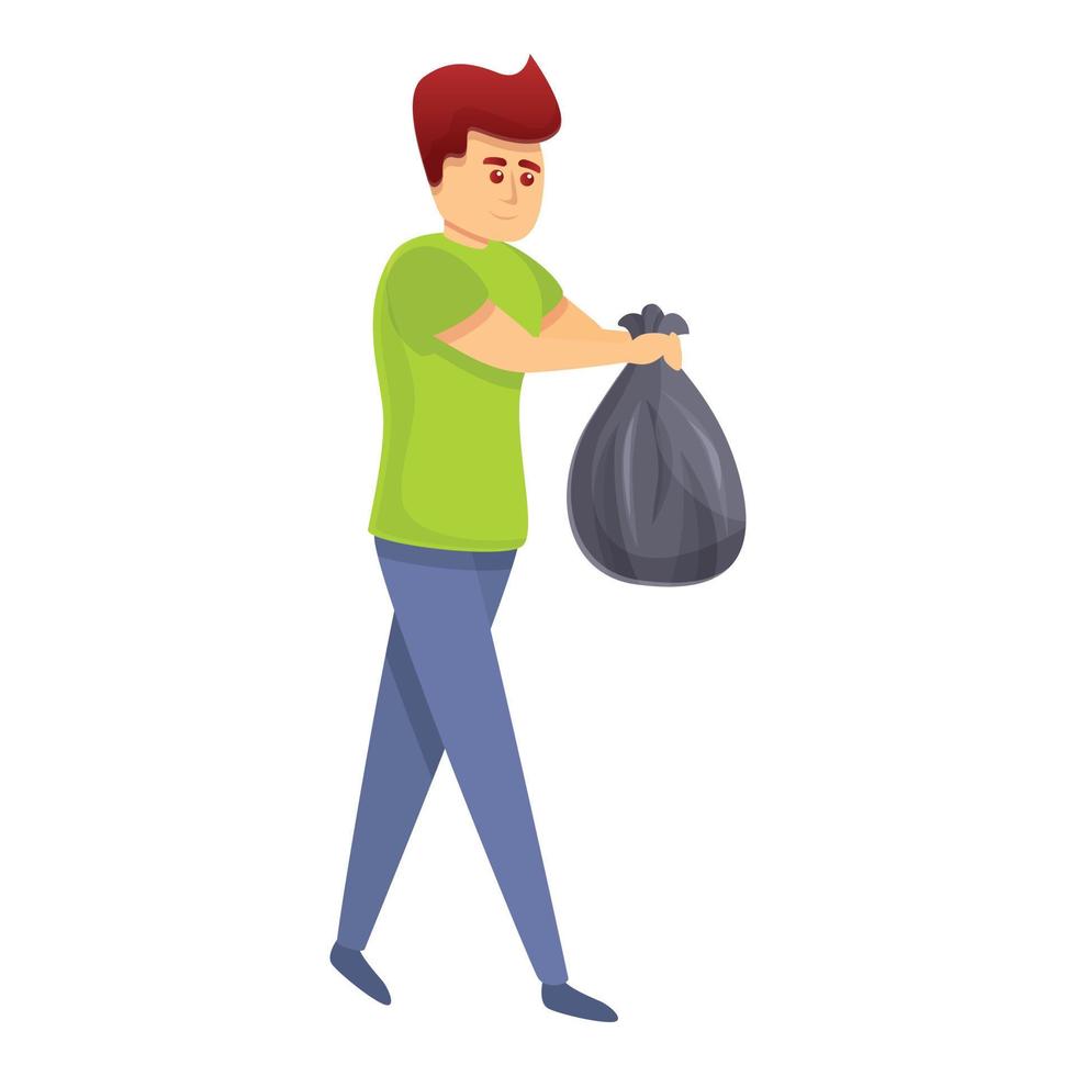 chico toma el icono de la bolsa de basura, estilo de dibujos animados vector