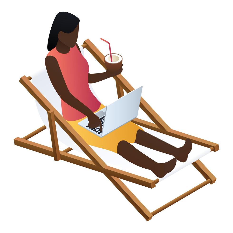 Woman at beach chair icon, isometric style vector