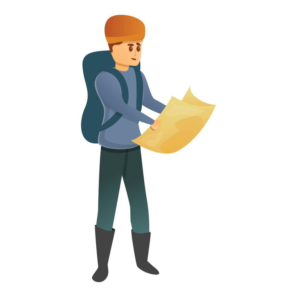 Hiking man backpack icon, cartoon style vector