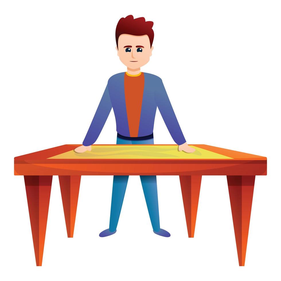 Boy at quest table icon, cartoon style vector