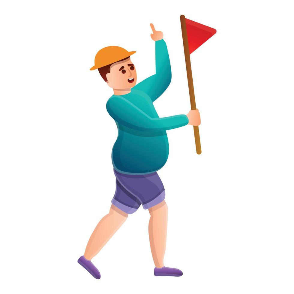 turista con icono de bandera roja, estilo de dibujos animados vector