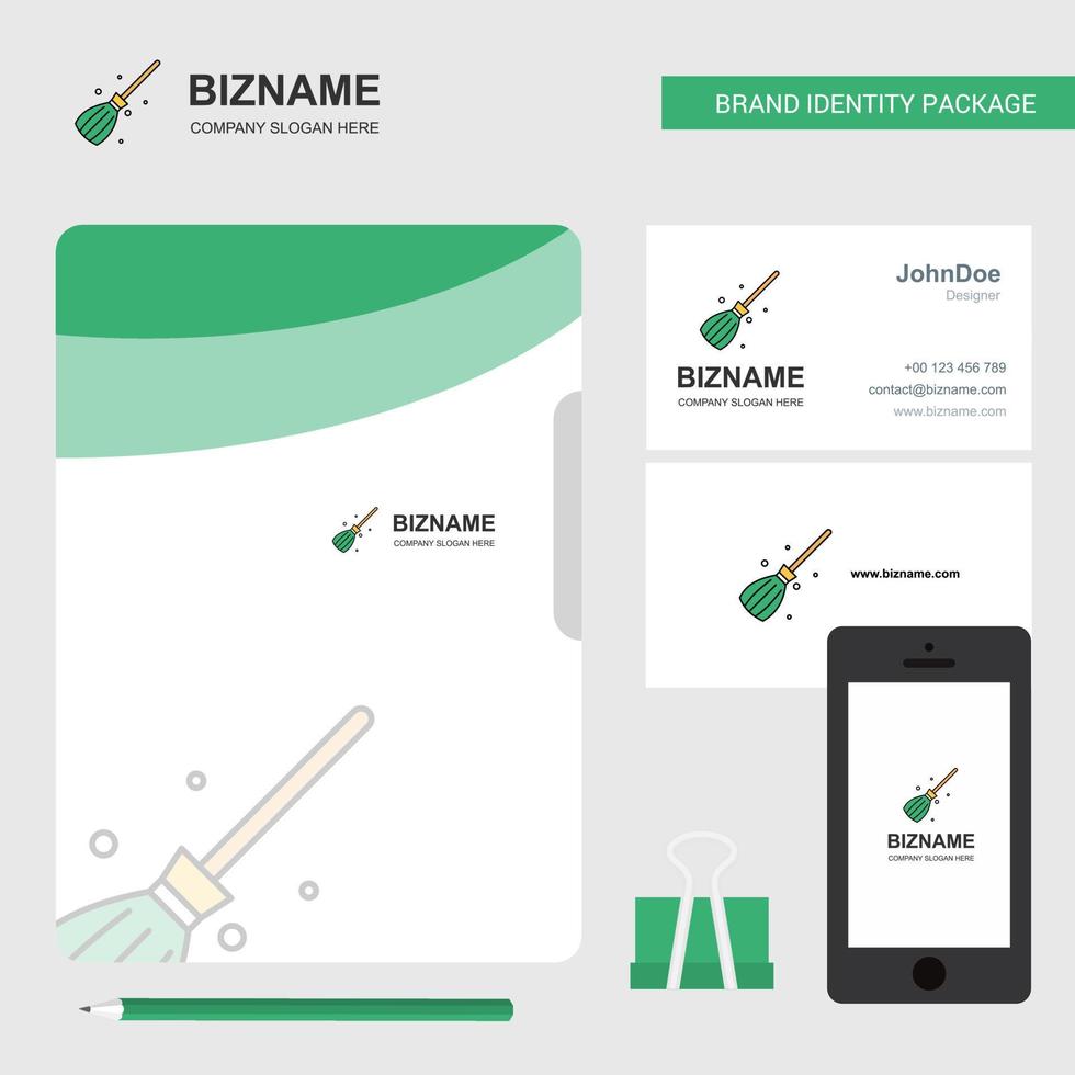 tarjeta de visita de portada de archivo de logotipo de negocio de escoba e ilustración de vector de diseño de aplicación móvil