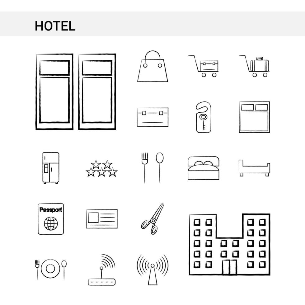 estilo de conjunto de iconos dibujados a mano de hotel aislado en vector de fondo blanco