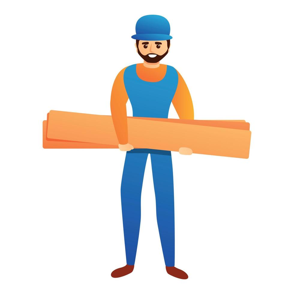 Repairman with wood bar icon, cartoon style vector