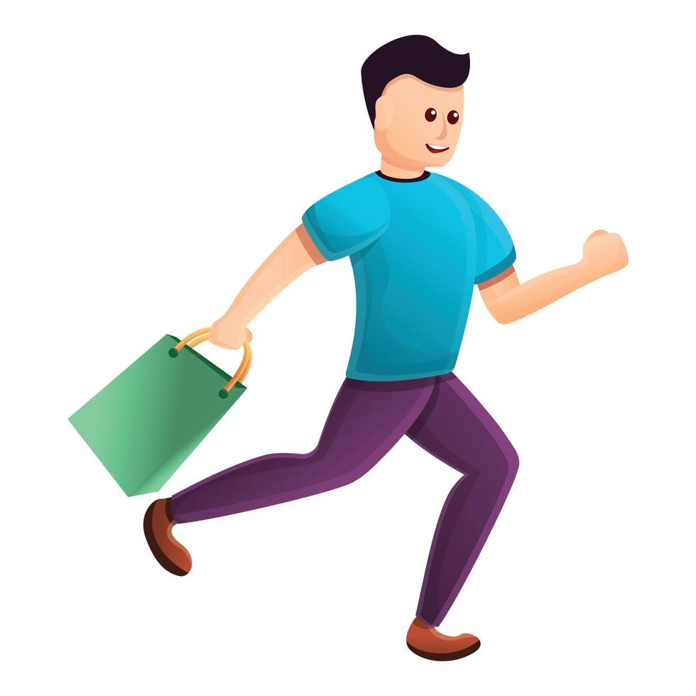 niño corriendo después de ir de compras, icono de estilo de dibujos animados vector