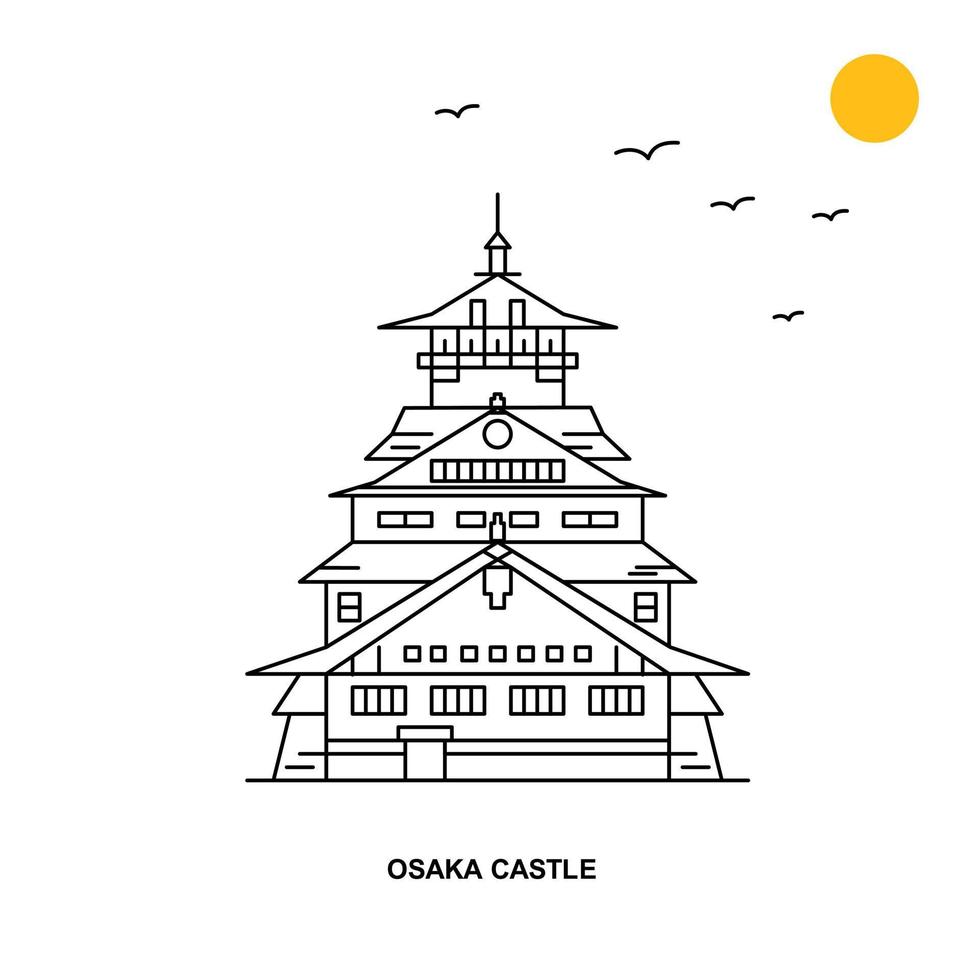 fondo de ilustración natural de viaje mundial de monumento de castillo de osaka en estilo de línea vector