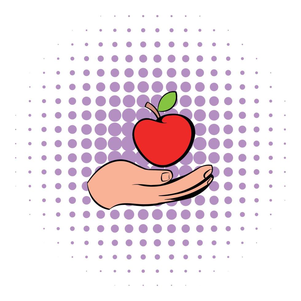 una mano dando un icono de manzana roja, estilo cómic vector