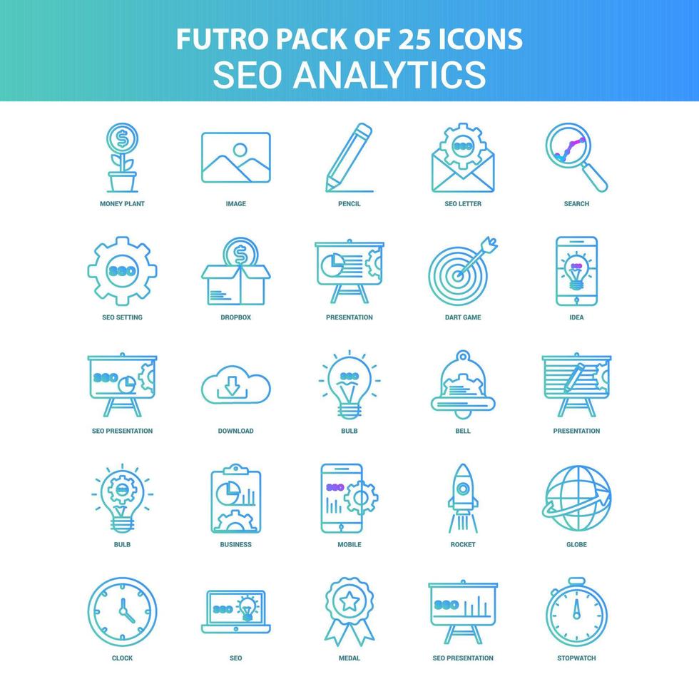 25 paquete de iconos de análisis de seo de futuro verde y azul vector