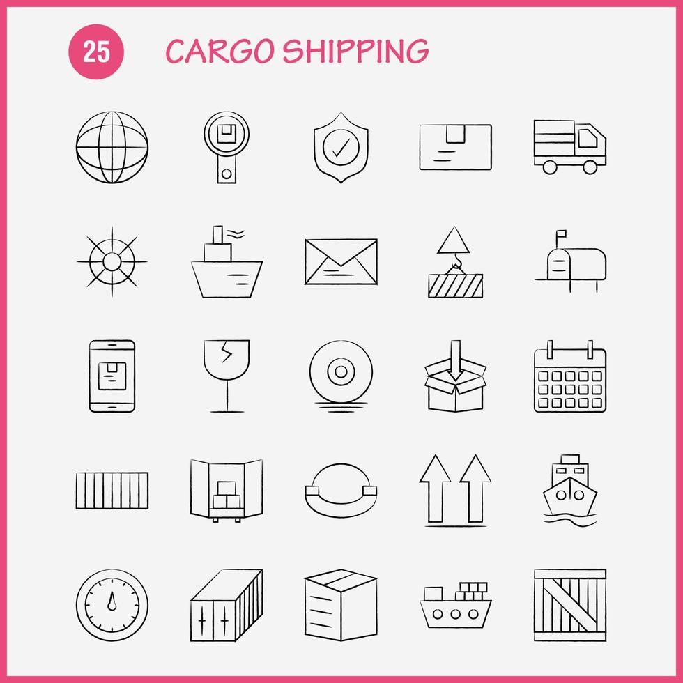 Cargo Shipping Hand Drawn Icon for Web Print and Mobile UXUI Kit Such as Shield Cargo Security Delivery Mobile Cell Cargo Box Pictogram Pack Vector