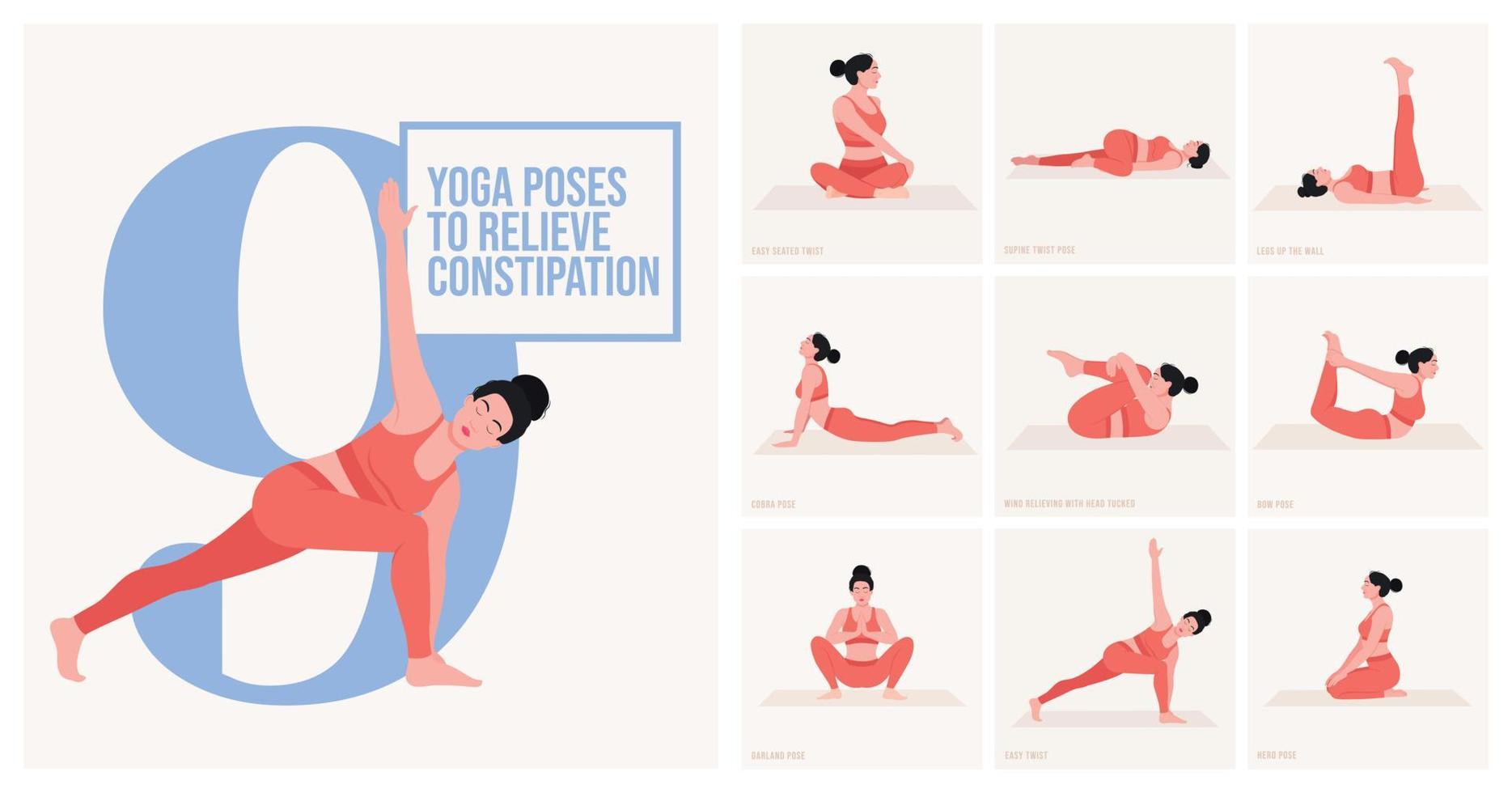 Posturas de yoga para aliviar el estreñimiento. mujer joven practicando pose de yoga. mujer entrenamiento fitness, aeróbicos y ejercicios. ilustración vectorial vector