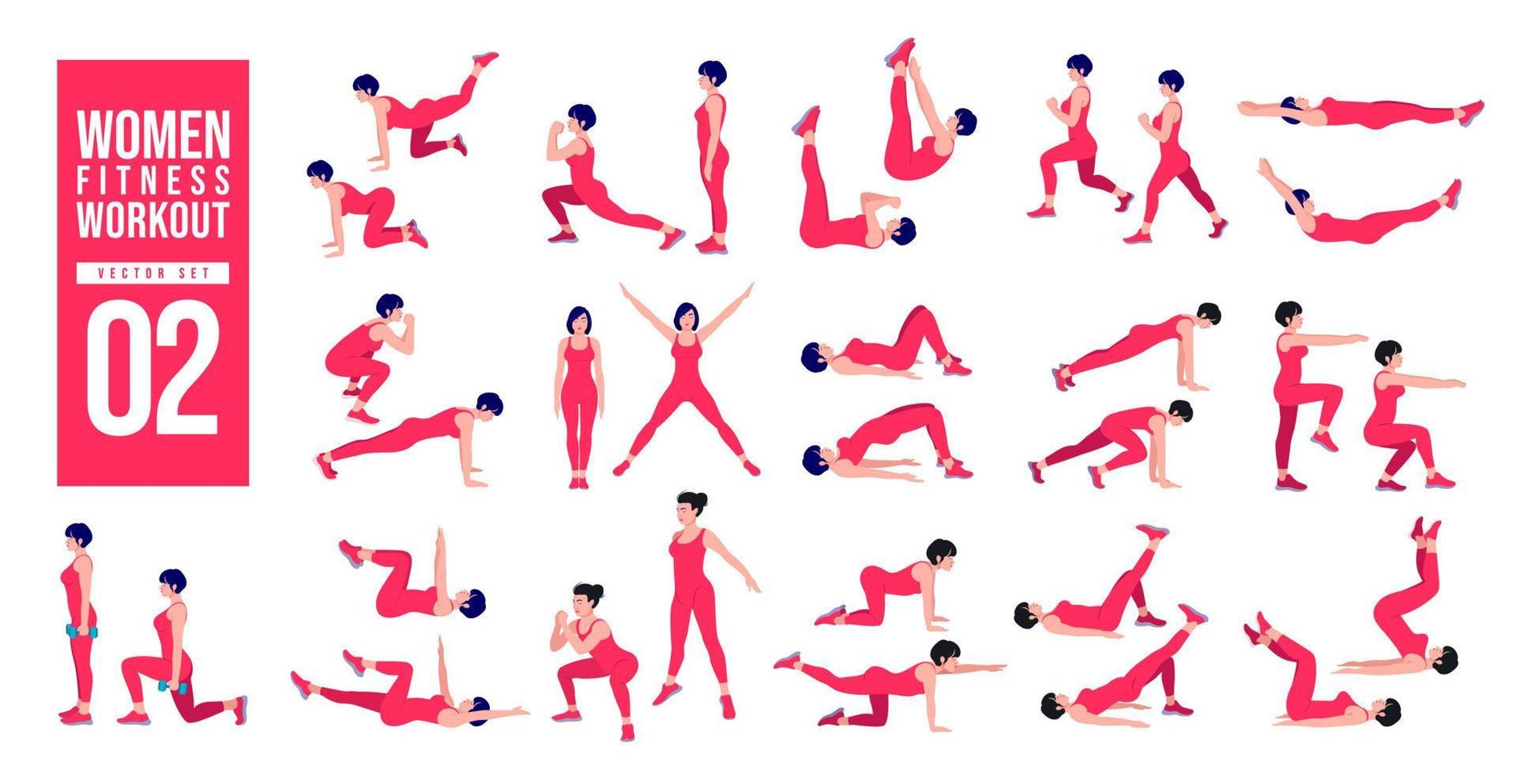 Workout girl set. Woman doing fitness and yoga exercises. Lunges and squats, plank and abc. Full body workout. vector