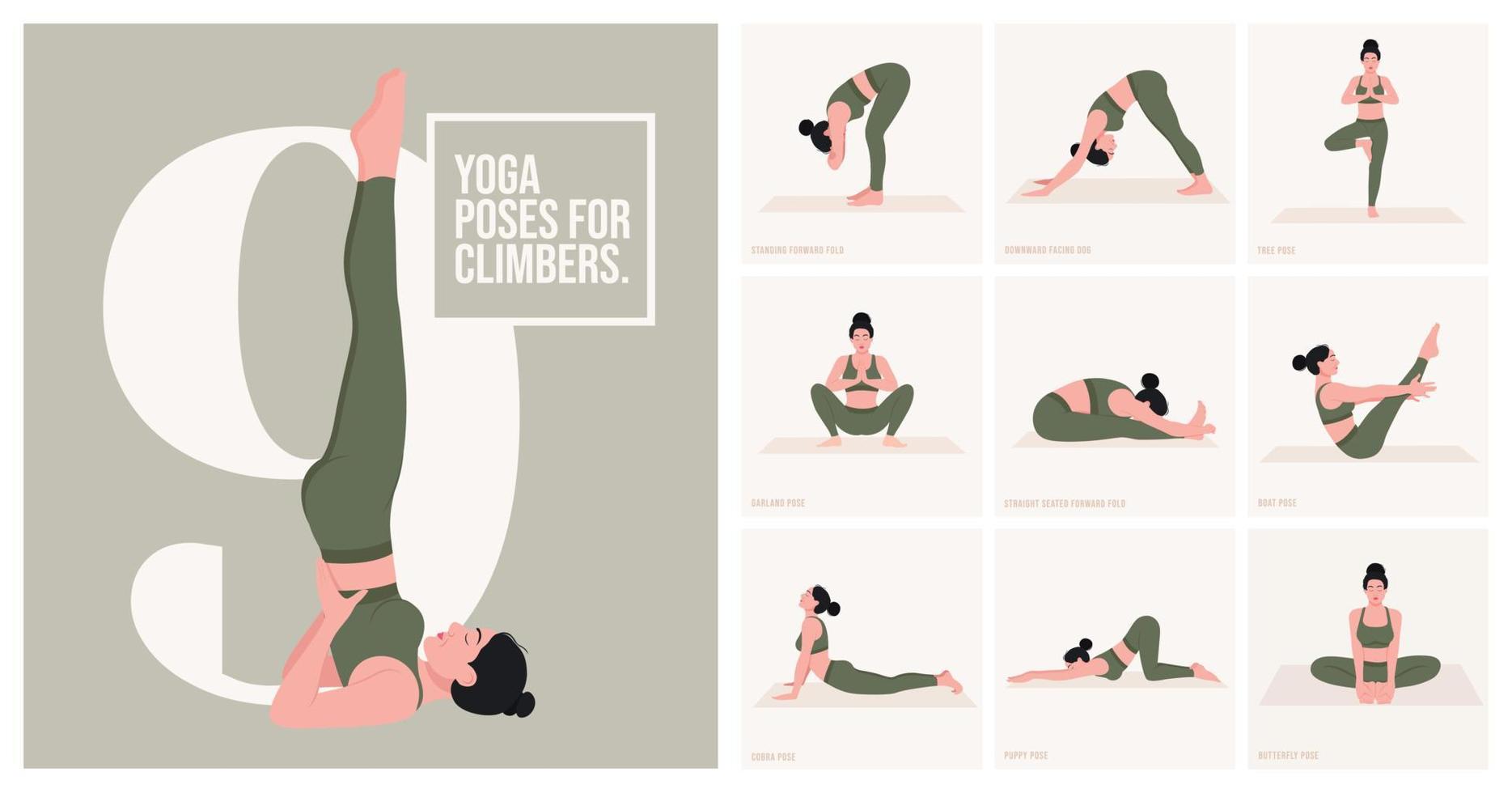 Posturas de yoga para escaladores. mujer joven practicando pose de yoga. mujer entrenamiento fitness, aeróbicos y ejercicios. ilustración vectorial vector