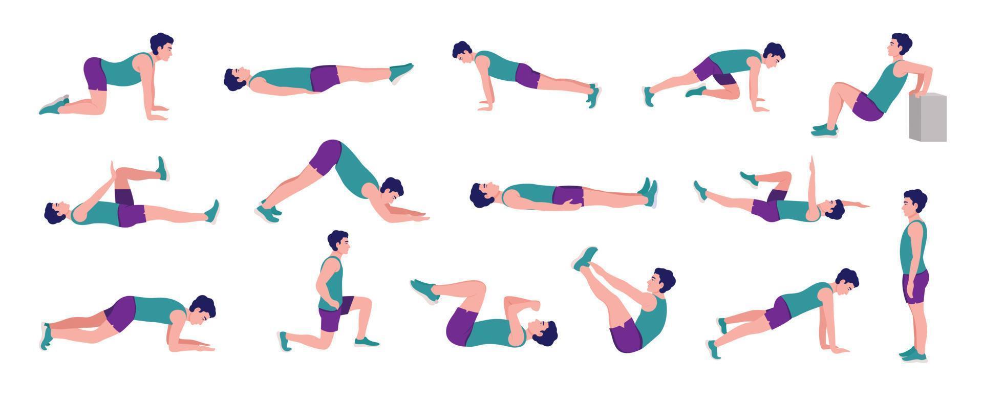 Workout Men set. Men doing fitness and yoga exercises. Lunges and squats, plank,Push Up,Mountain Climber, V-up,Bird Dog, Crunches and abc. Full body workout vector