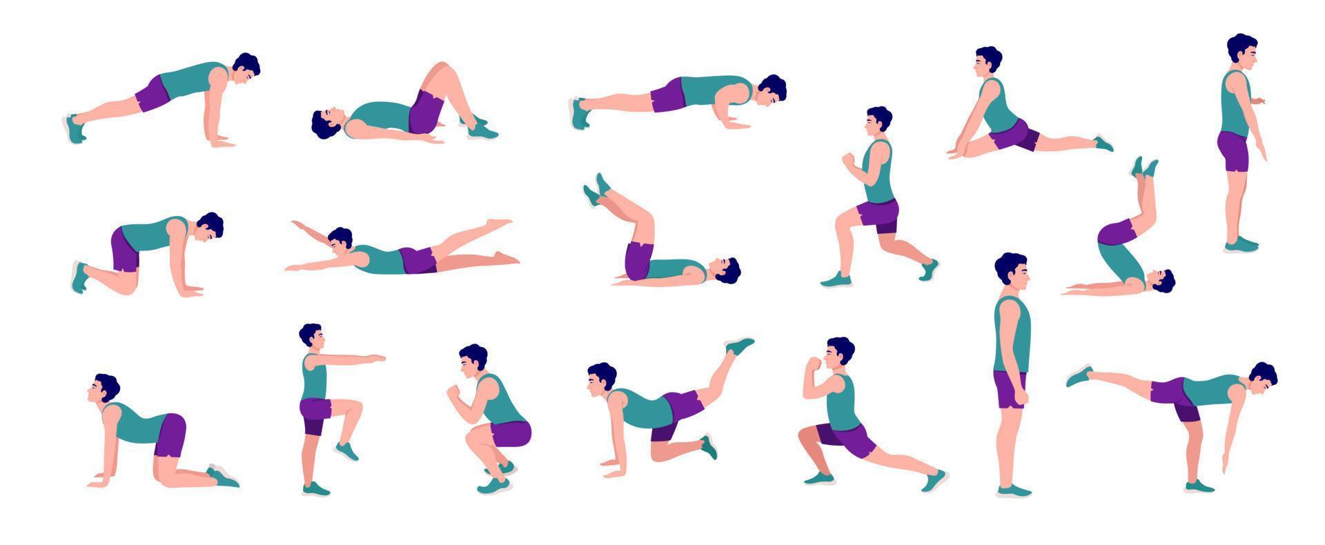 Workout Men set. Men doing fitness and yoga exercises. Lunges and squats, plank,Push Up,Mountain Climber, V-up,Bird Dog, Crunches and abc. Full body workout vector