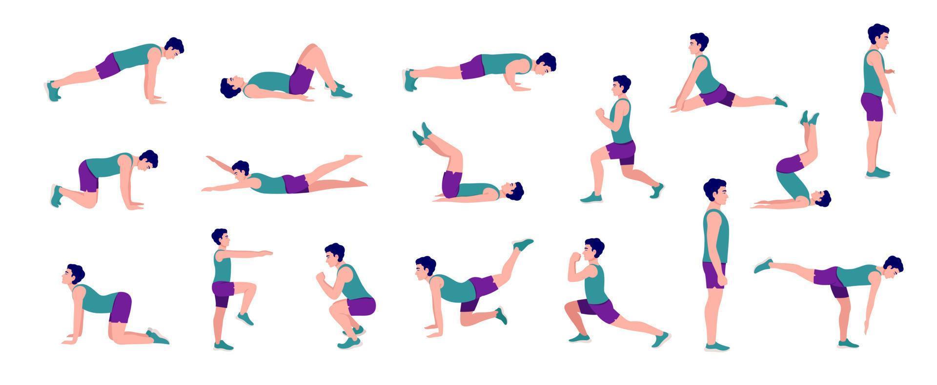 conjunto de hombres de entrenamiento. hombres haciendo ejercicios de fitness y yoga. estocadas y sentadillas, tablones, push up, alpinista, v-up, perro pájaro, abdominales y abc. entrenamiento de cuerpo completo vector