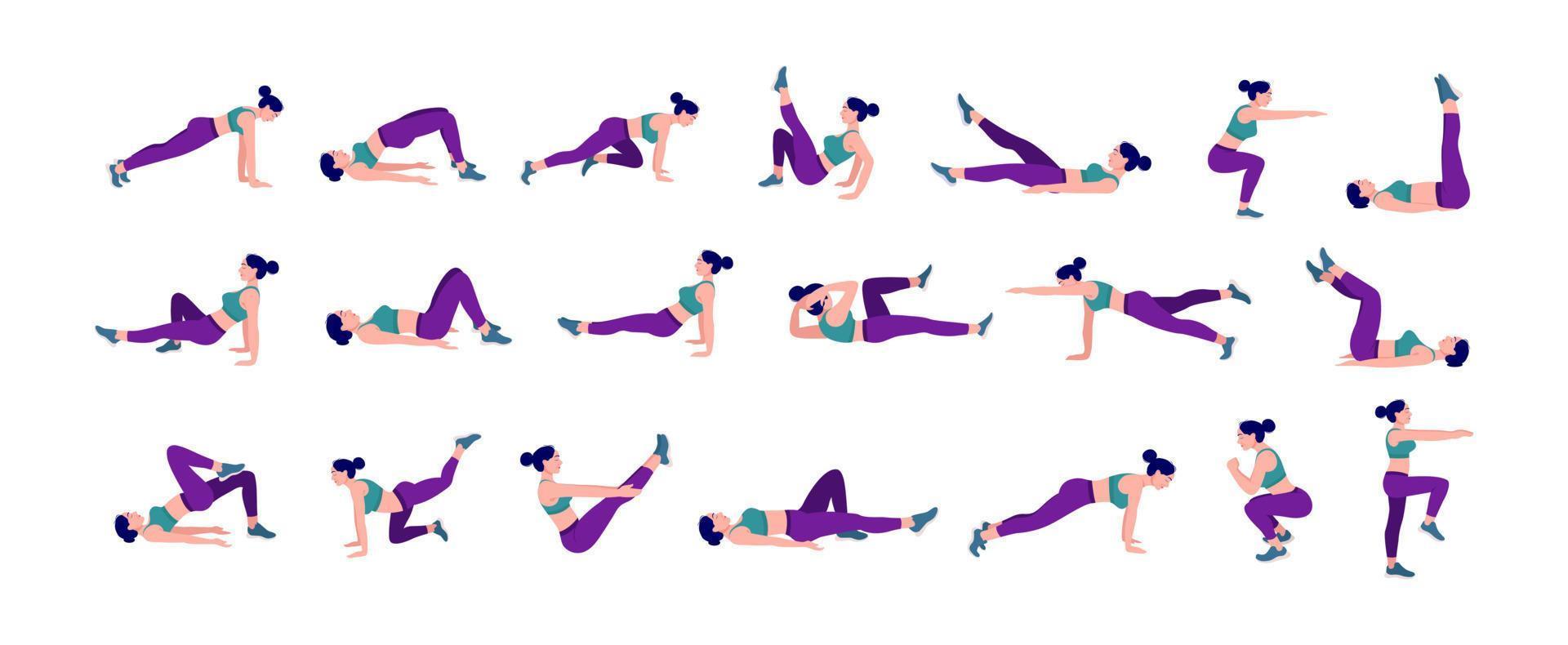 conjunto de chica de entrenamiento. mujer haciendo ejercicios de fitness y yoga. estocadas y sentadillas, tablones y abc. entrenamiento de cuerpo completo. vector