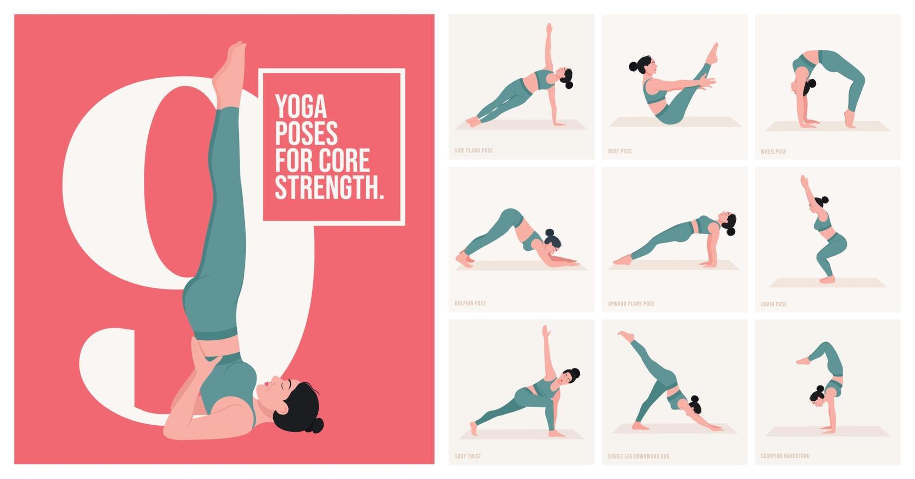 posturas de yoga para la fuerza central. mujer joven practicando pose de yoga. mujer entrenamiento fitness, aeróbicos y ejercicios. ilustración vectorial vector