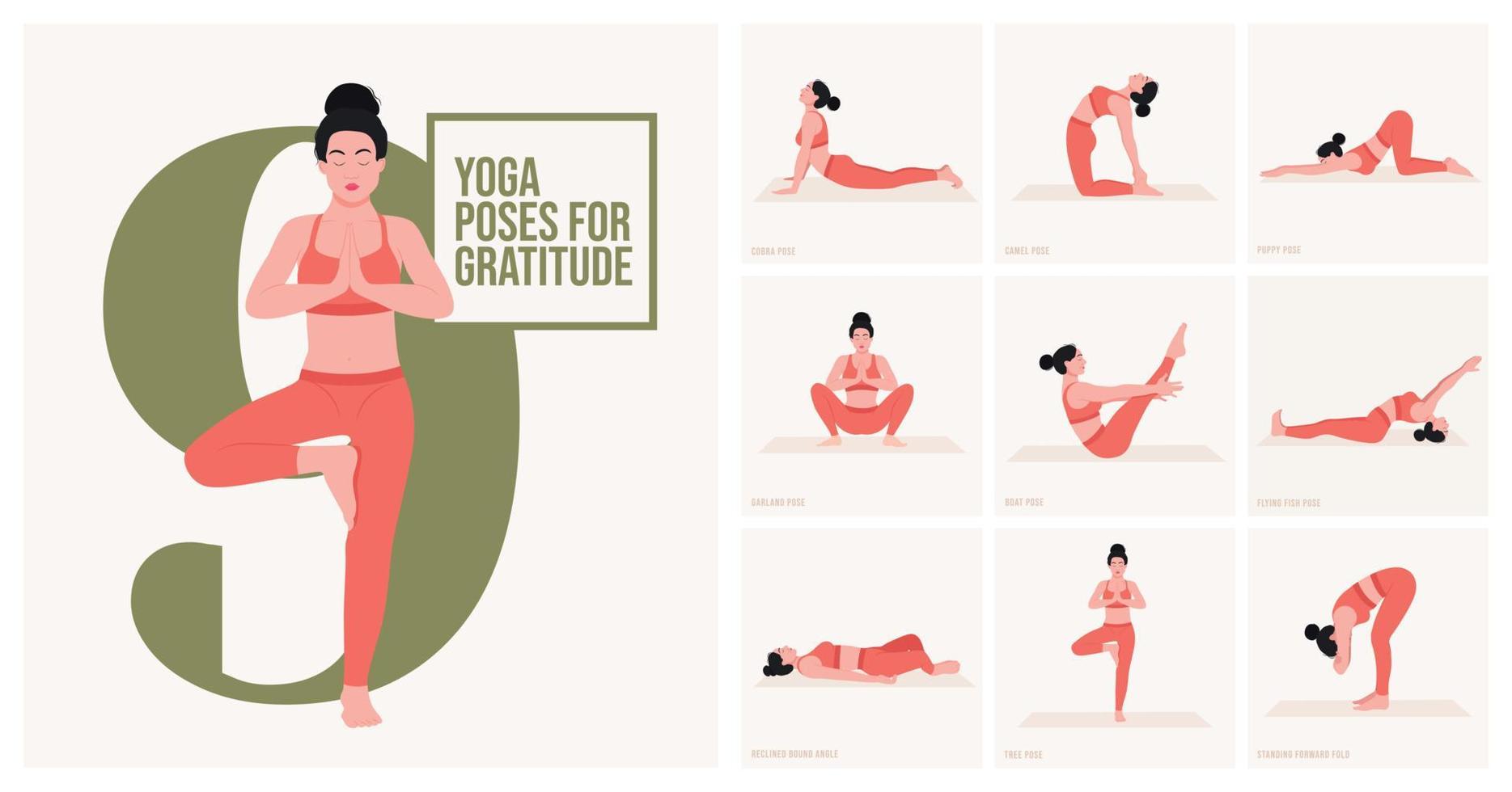 posturas de yoga para la gratitud. mujer joven practicando pose de yoga. mujer entrenamiento fitness, aeróbicos y ejercicios. ilustración vectorial vector