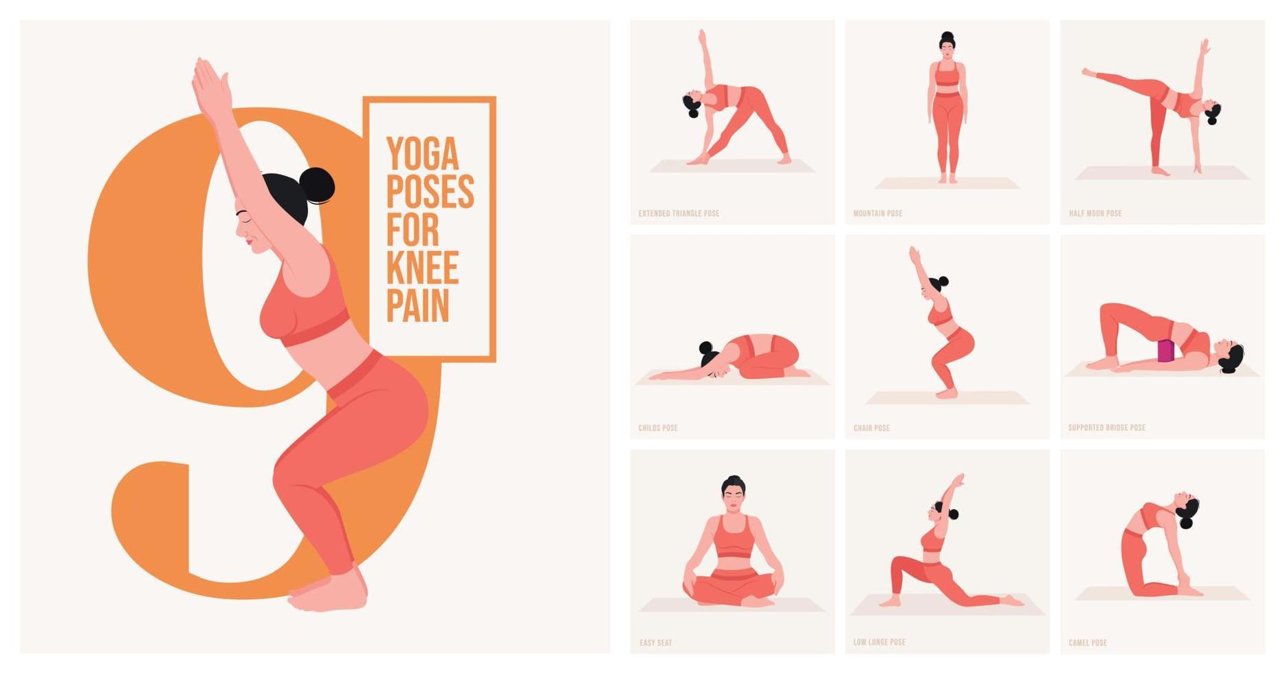 Posturas de yoga para el dolor de rodilla. mujer joven practicando pose de yoga. mujer entrenamiento fitness, aeróbicos y ejercicios. ilustración vectorial vector
