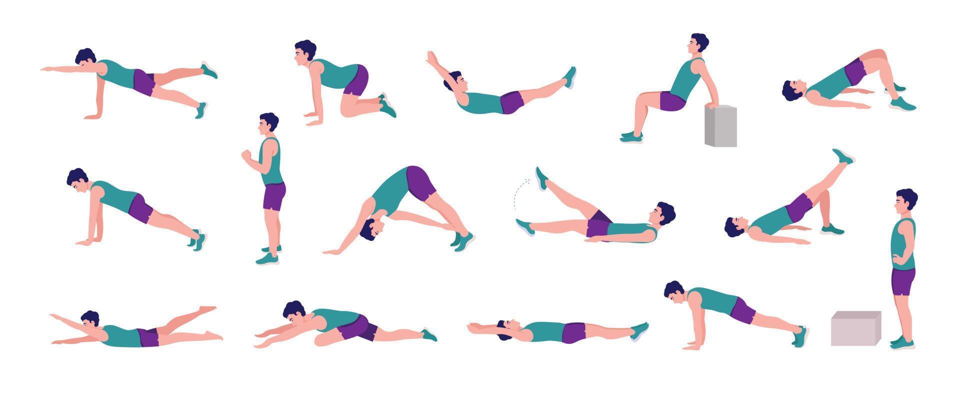 Workout Men set. Men doing fitness and yoga exercises. Lunges and squats, plank,Push Up,Mountain Climber, V-up,Bird Dog, Crunches and abc. Full body workout vector