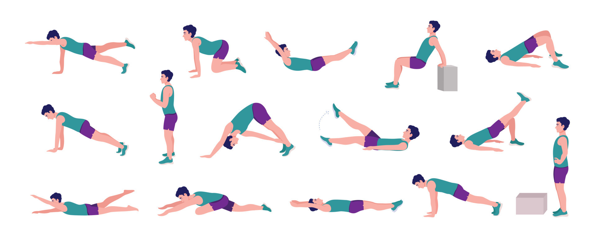 Workout Men set. Men doing fitness and yoga exercises. Lunges and