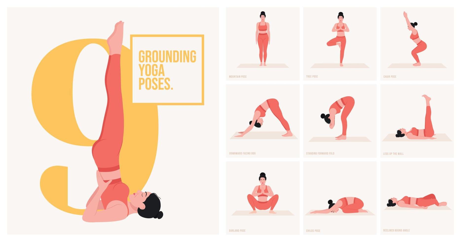 yoga poses for Grounding. Young woman practicing Yoga pose. Woman workout fitness, aerobic and exercises. Vector Illustration.