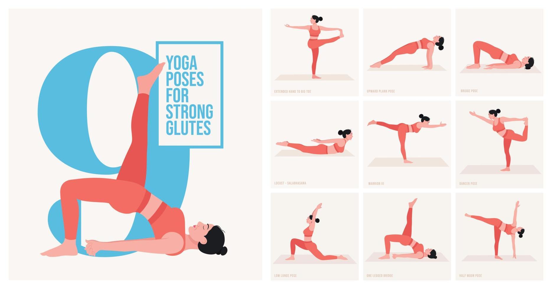 yoga poses for Strong Glutes. Young woman practicing Yoga pose. Woman workout fitness, aerobic and exercises. Vector Illustration.