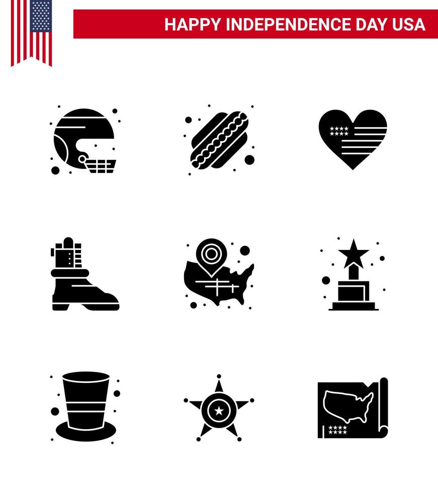 Set of 9 USA Day Icons American Symbols Independence Day Signs for states american states boot flag Editable USA Day Vector Design Elements