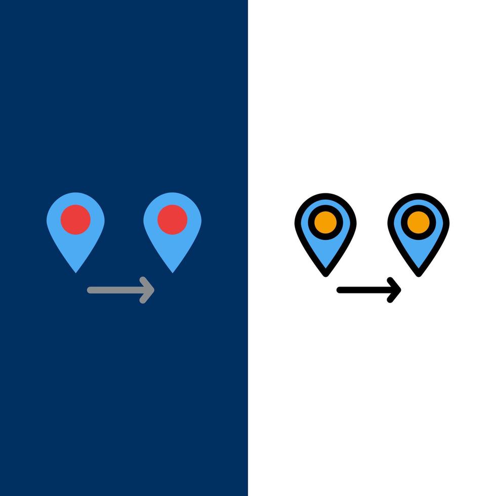 iconos de mapa de ubicación gps plano y conjunto de iconos llenos de línea vector fondo azul