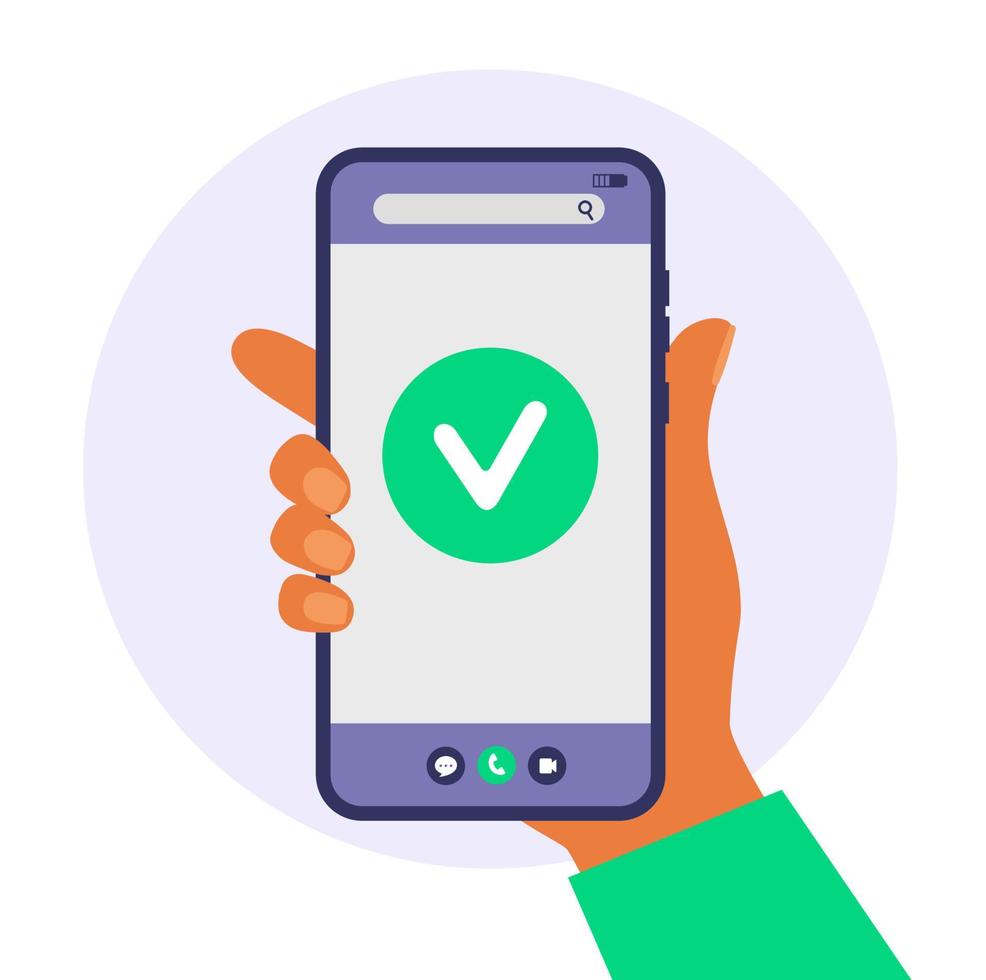 Hand is holding a phone. Successful operation message, confirmation icon. vector