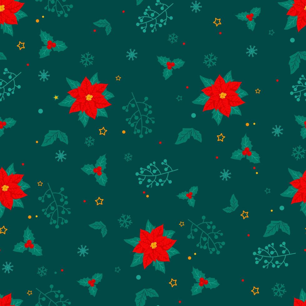 Christmas seamless pattern with hand drawn poinsettia flowers vector