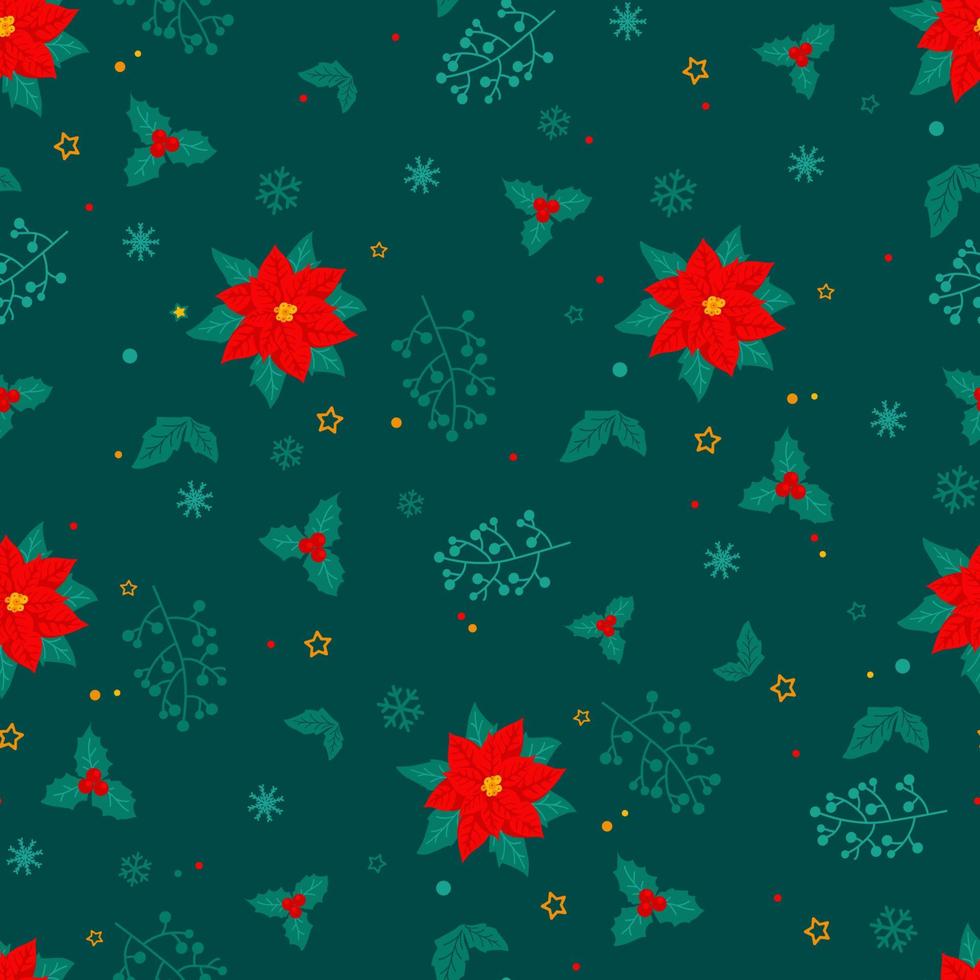 Christmas seamless pattern with hand drawn poinsettia flowers vector