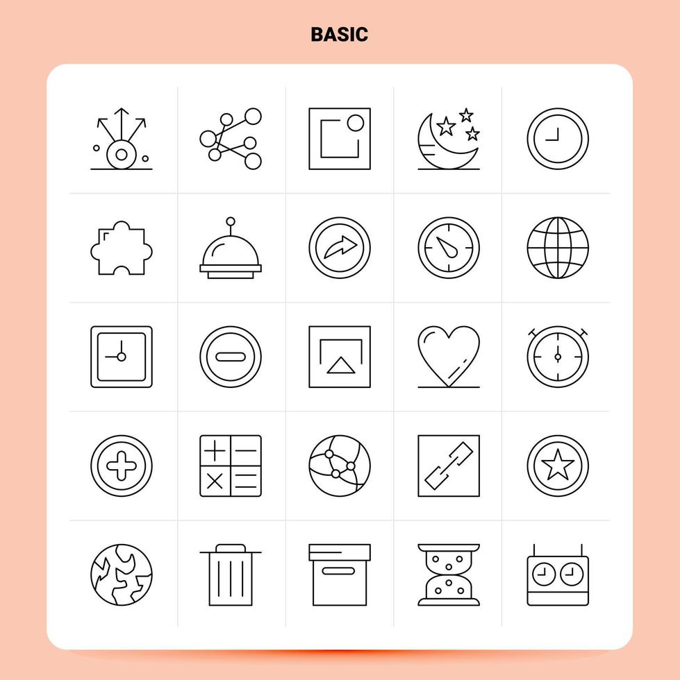 esquema 25 conjunto de iconos básicos diseño de estilo de línea vectorial conjunto de iconos negros paquete de pictogramas lineales ideas de negocios web y móviles diseño ilustración vectorial vector