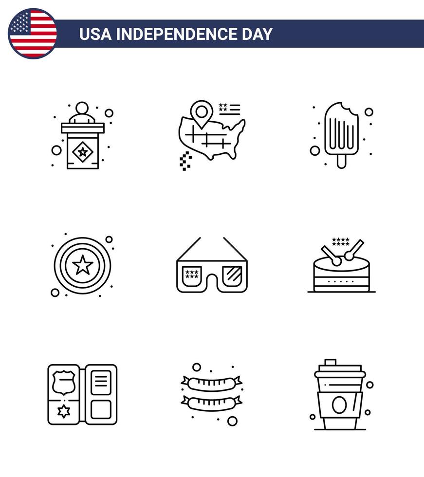 Happy Independence Day Pack of 9 Lines Signs and Symbols for usa glasses cream sunglasses star Editable USA Day Vector Design Elements