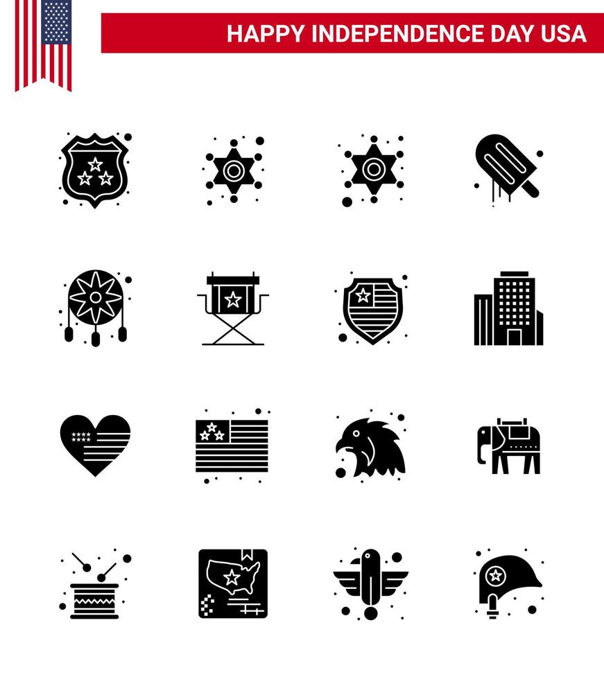 Pack of 16 USA Independence Day Celebration Solid Glyphs Signs and 4th July Symbols such as director western icecream dream catcher adornment Editable USA Day Vector Design Elements