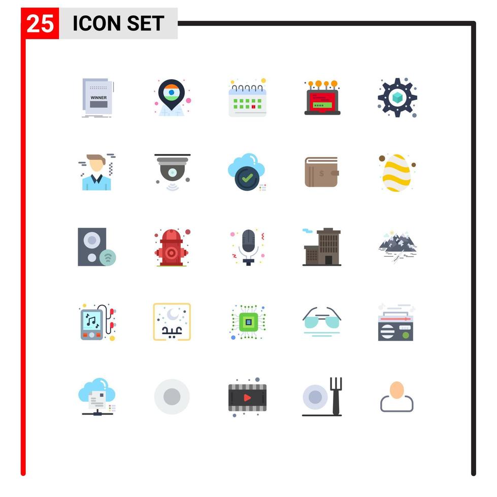 25 Universal Flat Color Signs Symbols of printing login india laptop routine Editable Vector Design Elements