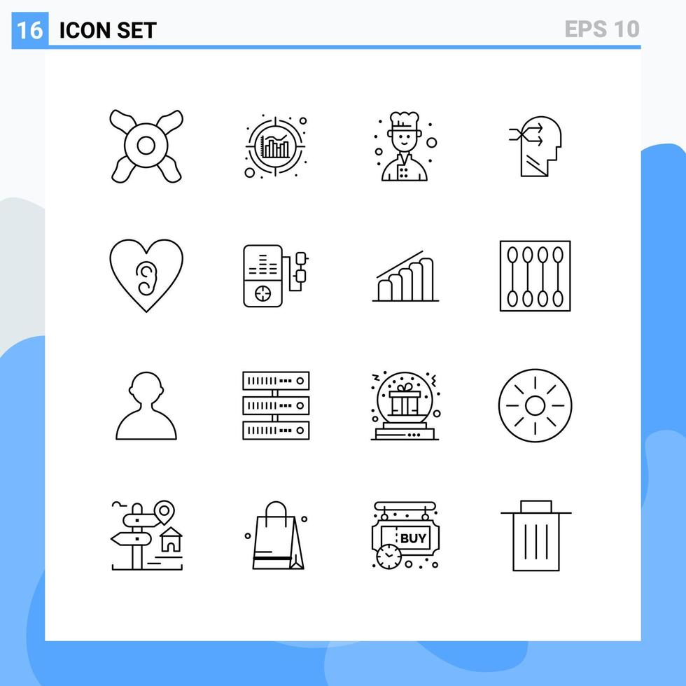 Universal Icon Symbols Group of 16 Modern Outlines of education music mental chang love ear Editable Vector Design Elements