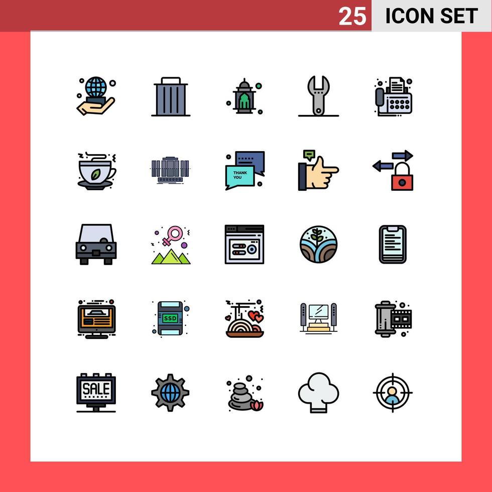 Concepto de color plano de 25 líneas rellenas para sitios web móviles y aplicaciones llave de conexión control de basura luna elementos de diseño vectorial editables vector