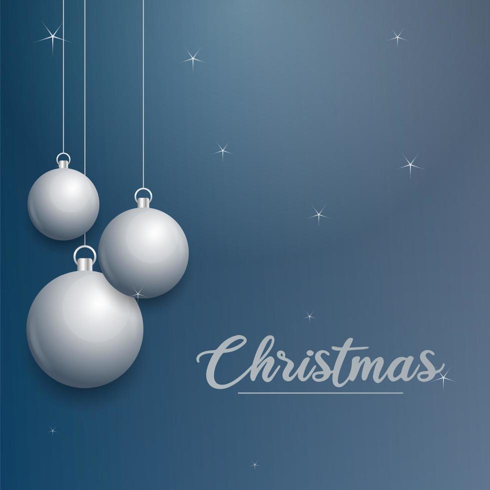 Vector Christmas banner with decorations. Merry Christmas text. silver ornaments on blue background