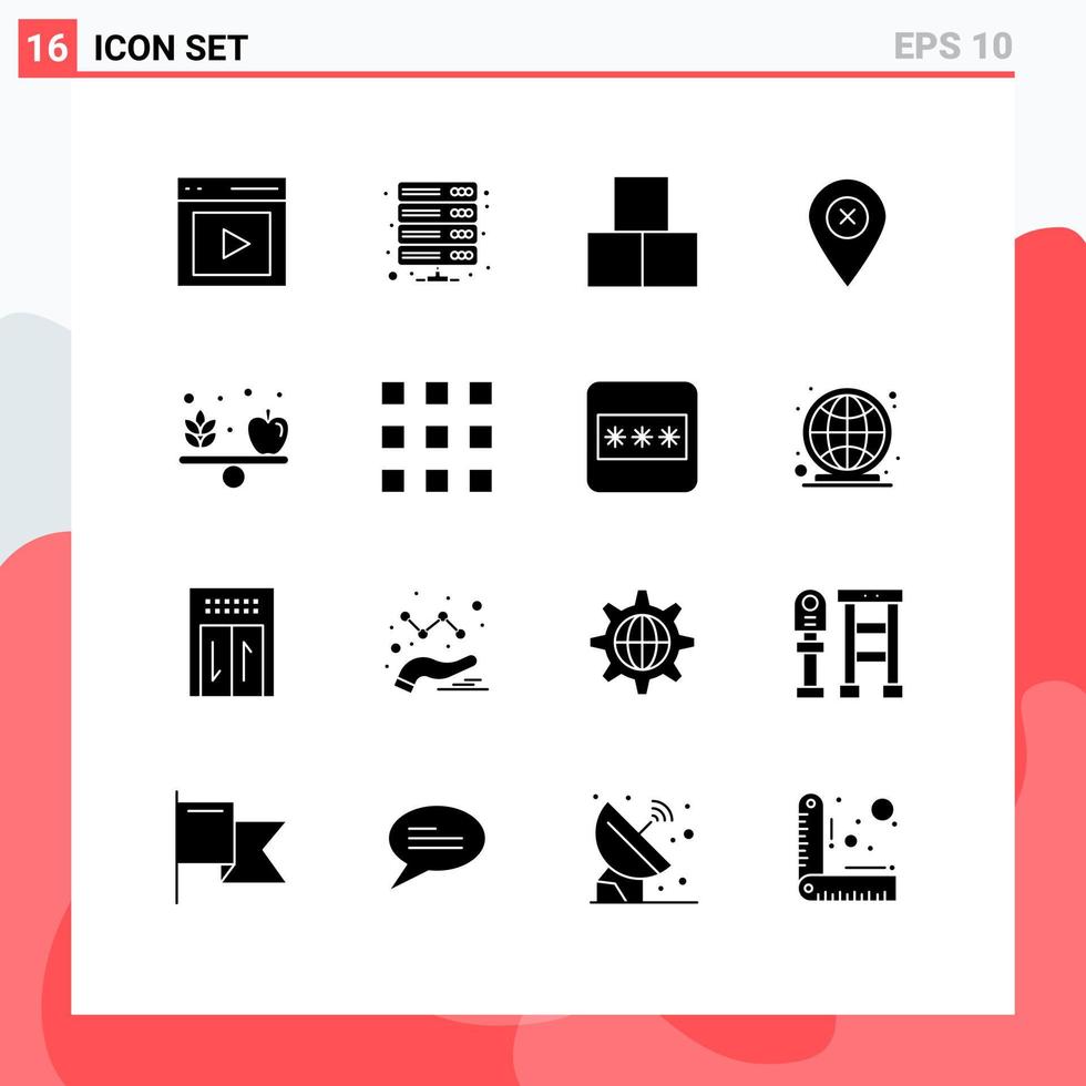 Mobile Interface Solid Glyph Set of 16 Pictograms of pin map storage location constructor Editable Vector Design Elements