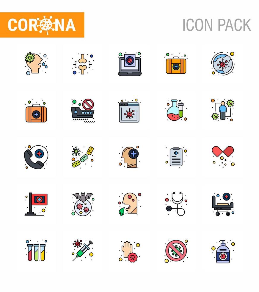 Corona virus 2019 and 2020 epidemic 25 Flat Color Filled Line icon pack such as worldwide medical case patient first aid report viral coronavirus 2019nov disease Vector Design Elements