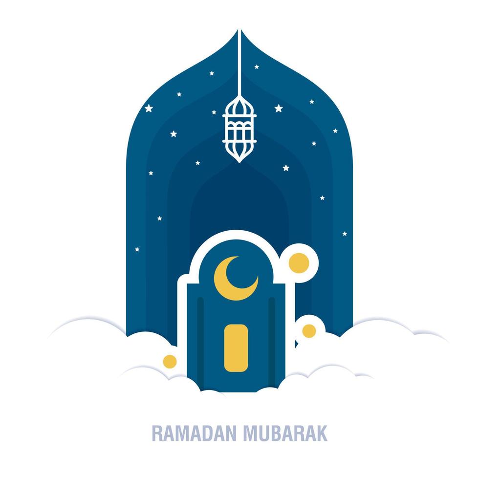 Ramadan Kareem islamic design crescent moon and mosque dome silhouette with arabic pattern and calligraphy vector