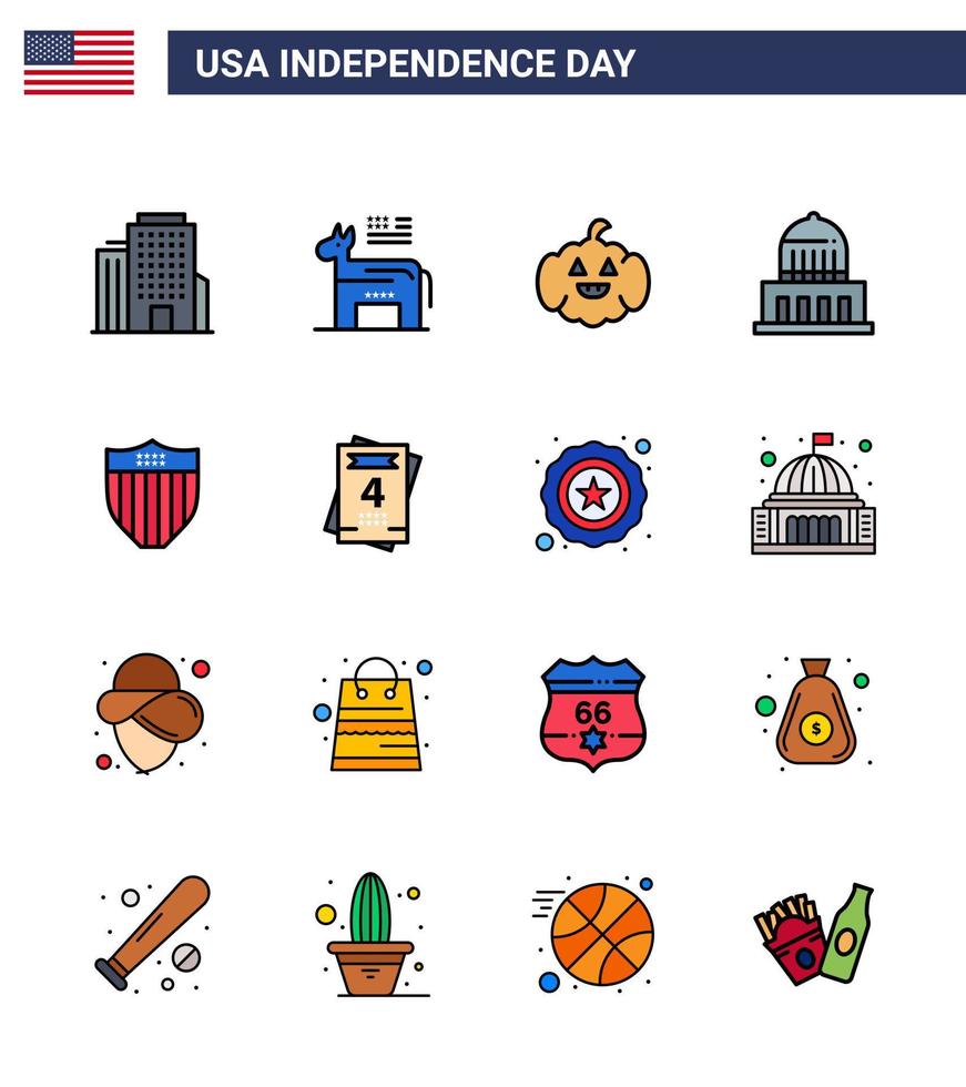 4th July USA Happy Independence Day Icon Symbols Group of 16 Modern Flat Filled Lines of usa shield american american landmark Editable USA Day Vector Design Elements