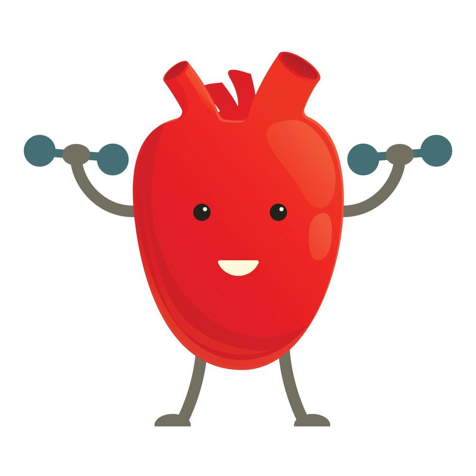 Healthy heart with dumbbells icon, cartoon style vector