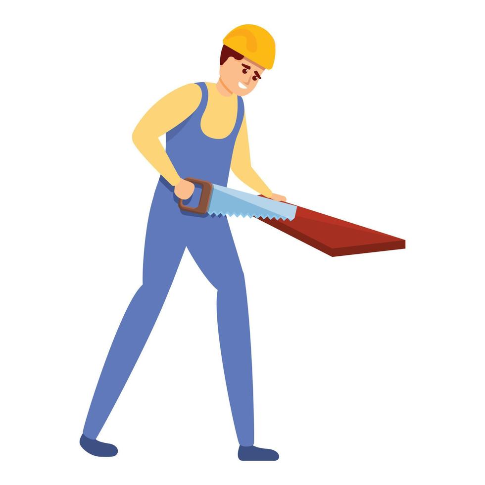Builder cutting wood icon, cartoon style vector