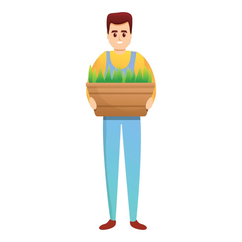 granjero sonriente con icono de caja de plantas, estilo de dibujos animados vector