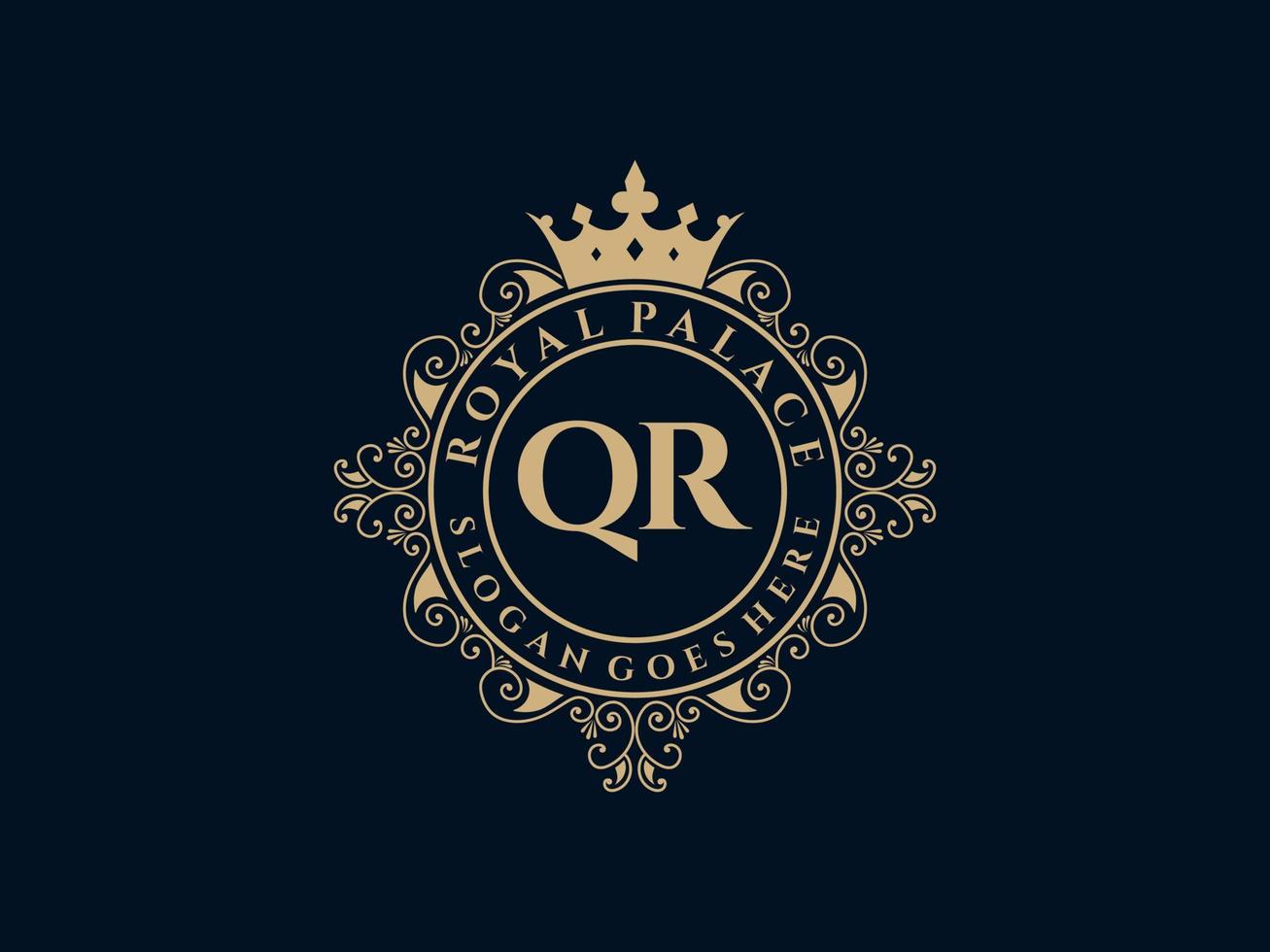 Letter QR Antique royal luxury victorian logo with ornamental frame. vector