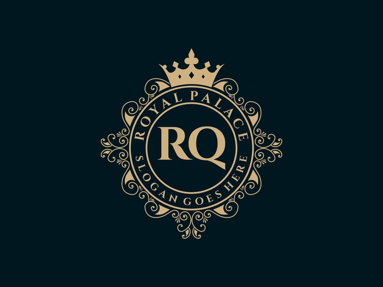 letra rq logotipo victoriano de lujo real antiguo con marco ornamental. vector