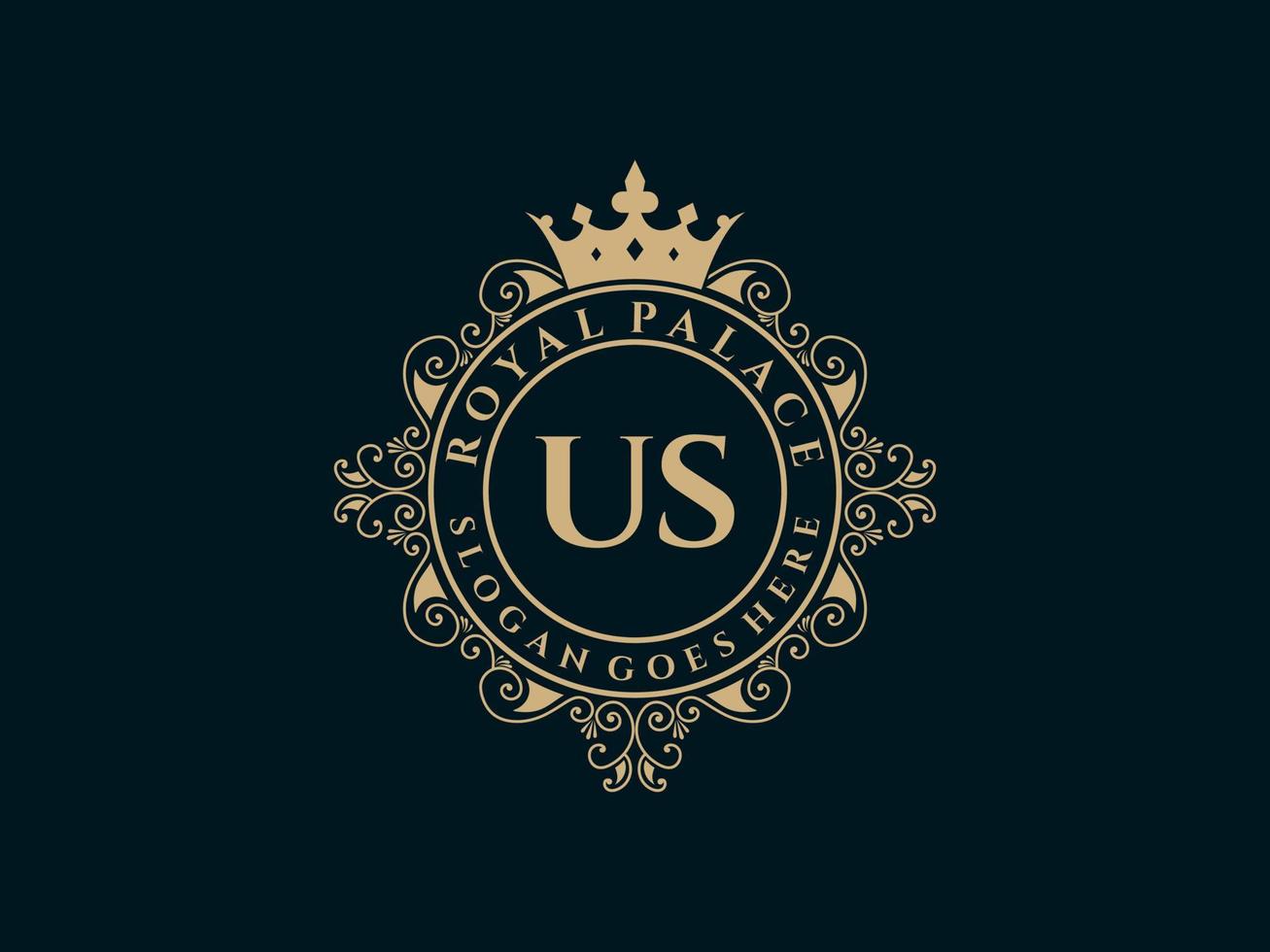 Letter US Antique royal luxury victorian logo with ornamental frame. vector