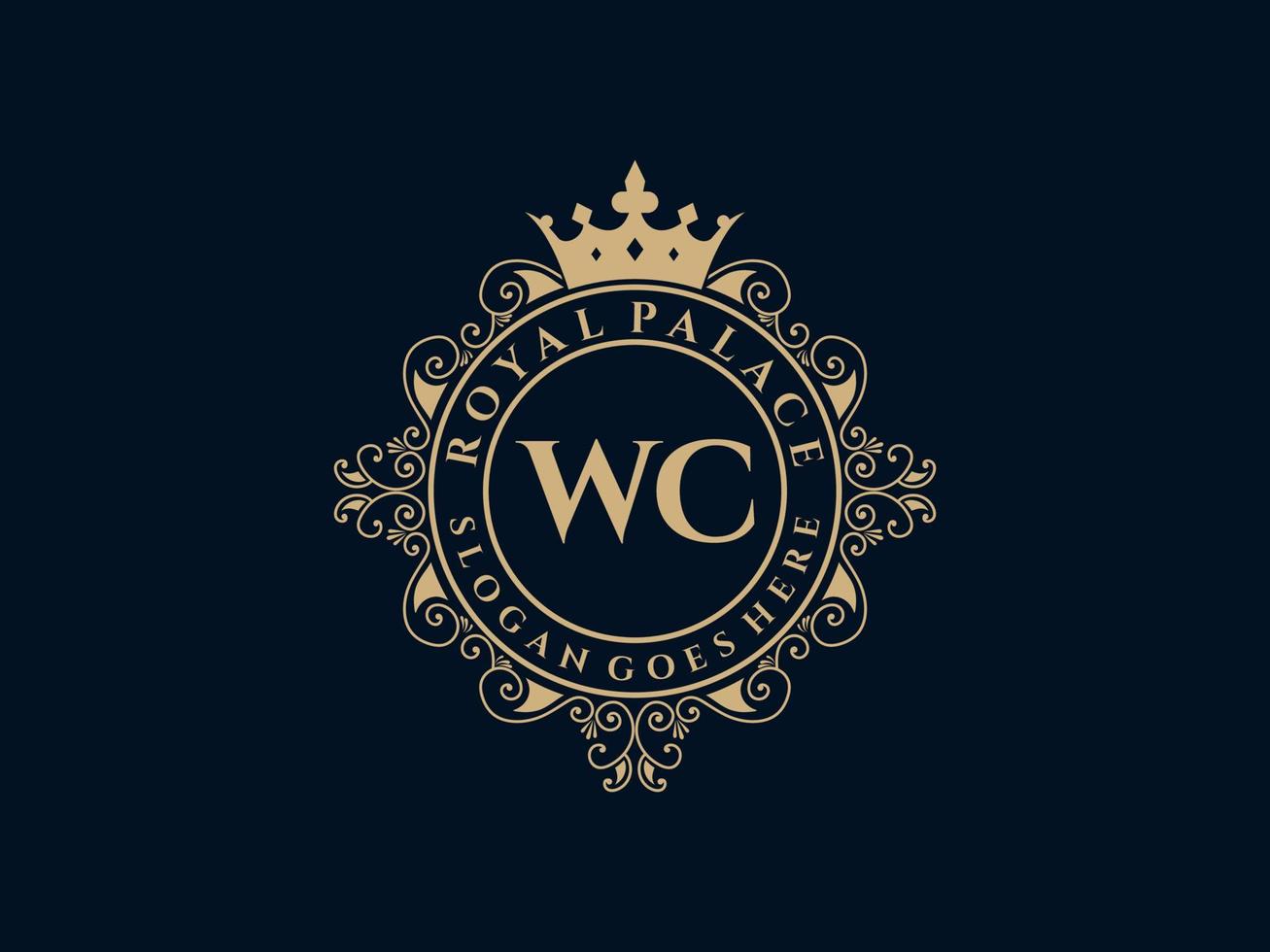 Letter WC Antique royal luxury victorian logo with ornamental frame. vector